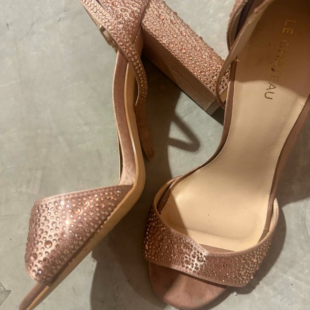 Le Chateau Rose Gold Rhinestone Block Heel Sandals